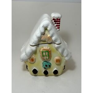 Vintage Japan Ceramic Snowy Cottage Cookie Jar Lidded Canister Hand Painted